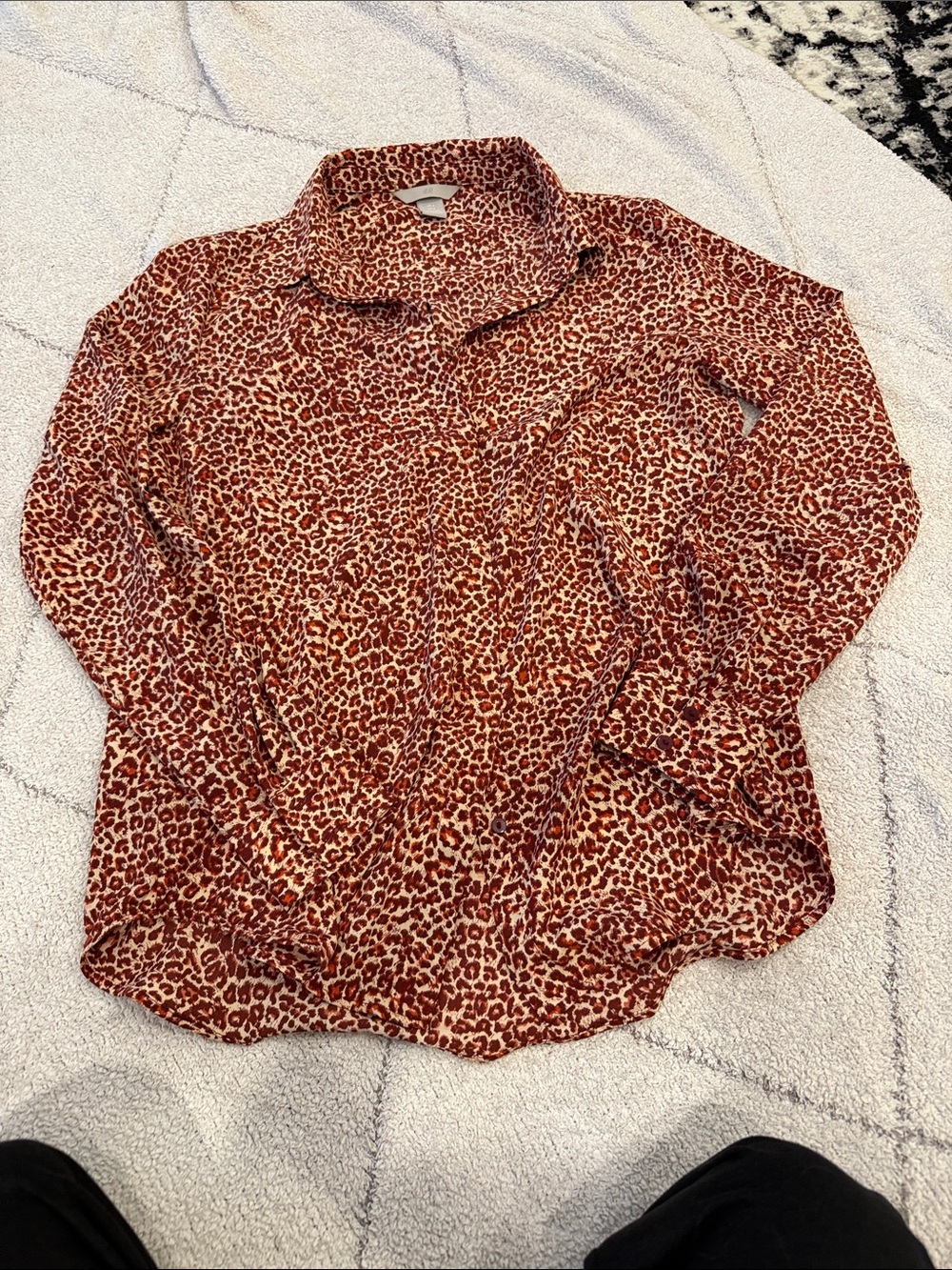 H&M Men's Red and Cream Leopard Print Button-Down Shirt